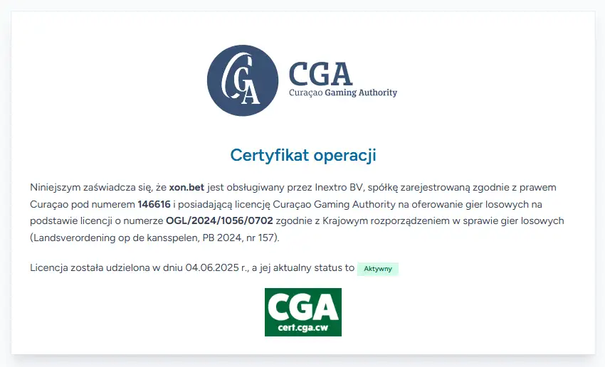 Certyfikat operacyjny XON.BET w Curaçao Gaming Authority