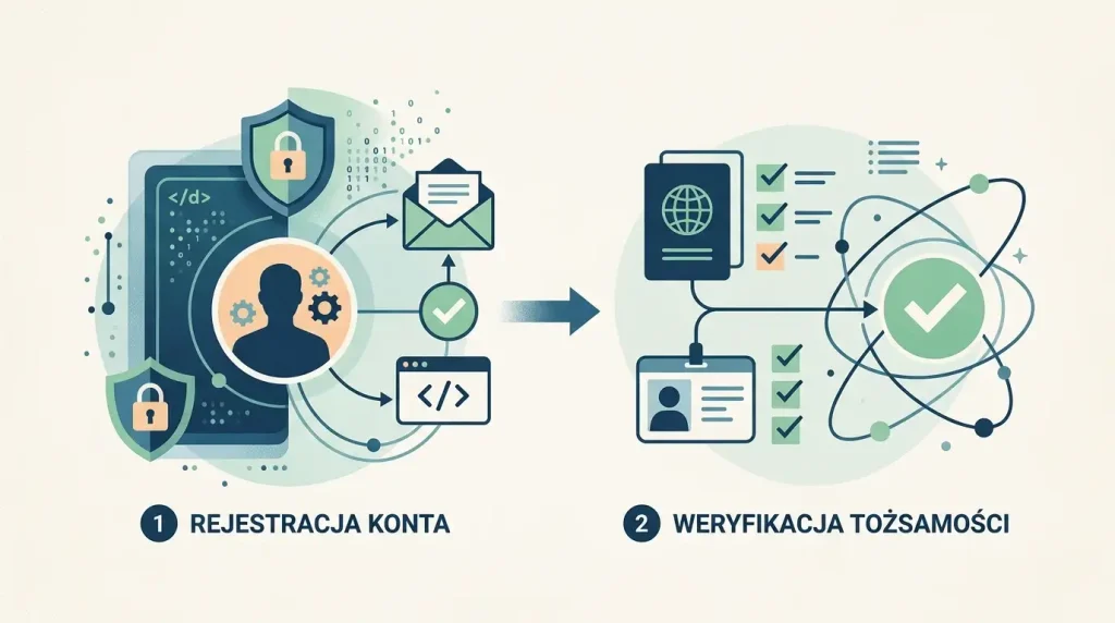 Neutralny diagram rejestracji konta i możliwej weryfikacji KYC